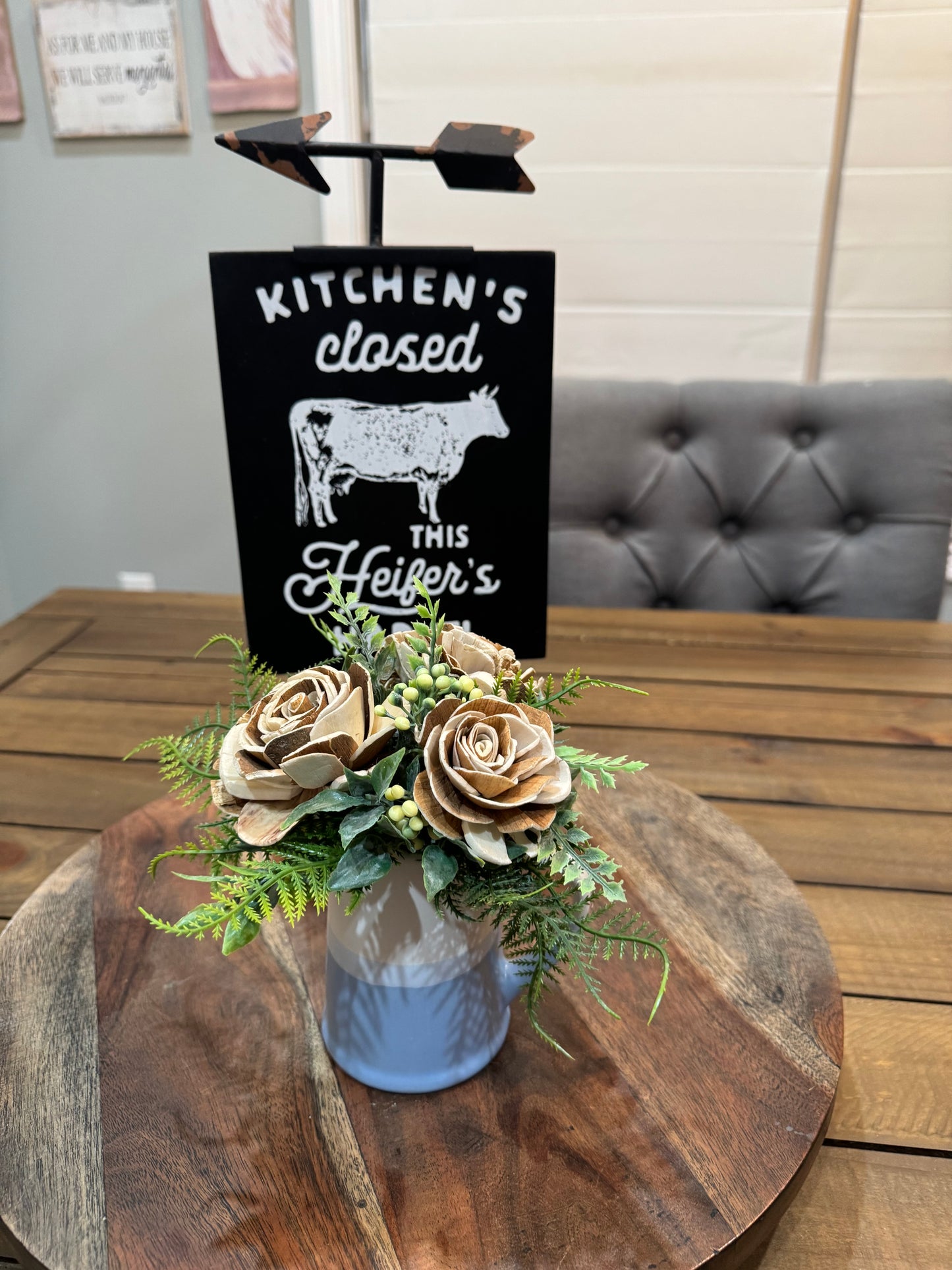 Mini White and Blue Pitcher With Pansy wood flowers