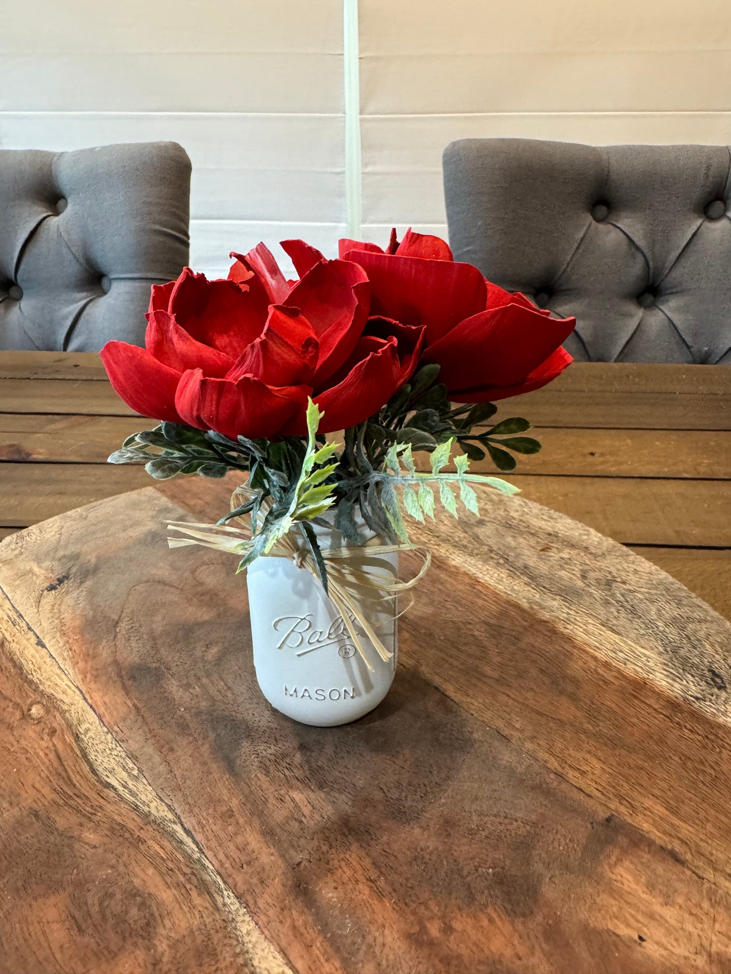Mini White Ball Jar with Red wood flowers