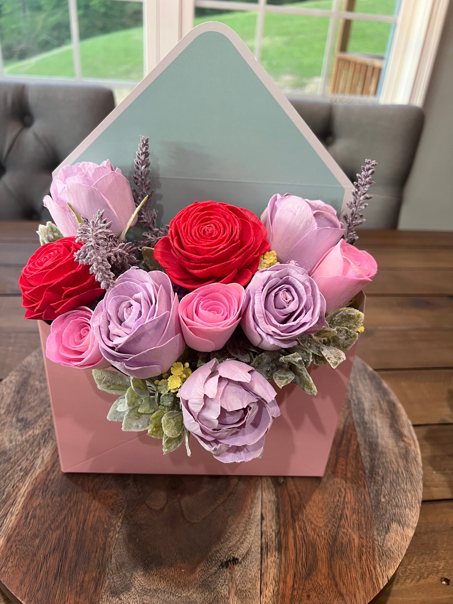 ENVELOPE WITH PINK AND PURPLE AND RED WOOD FLOWERS