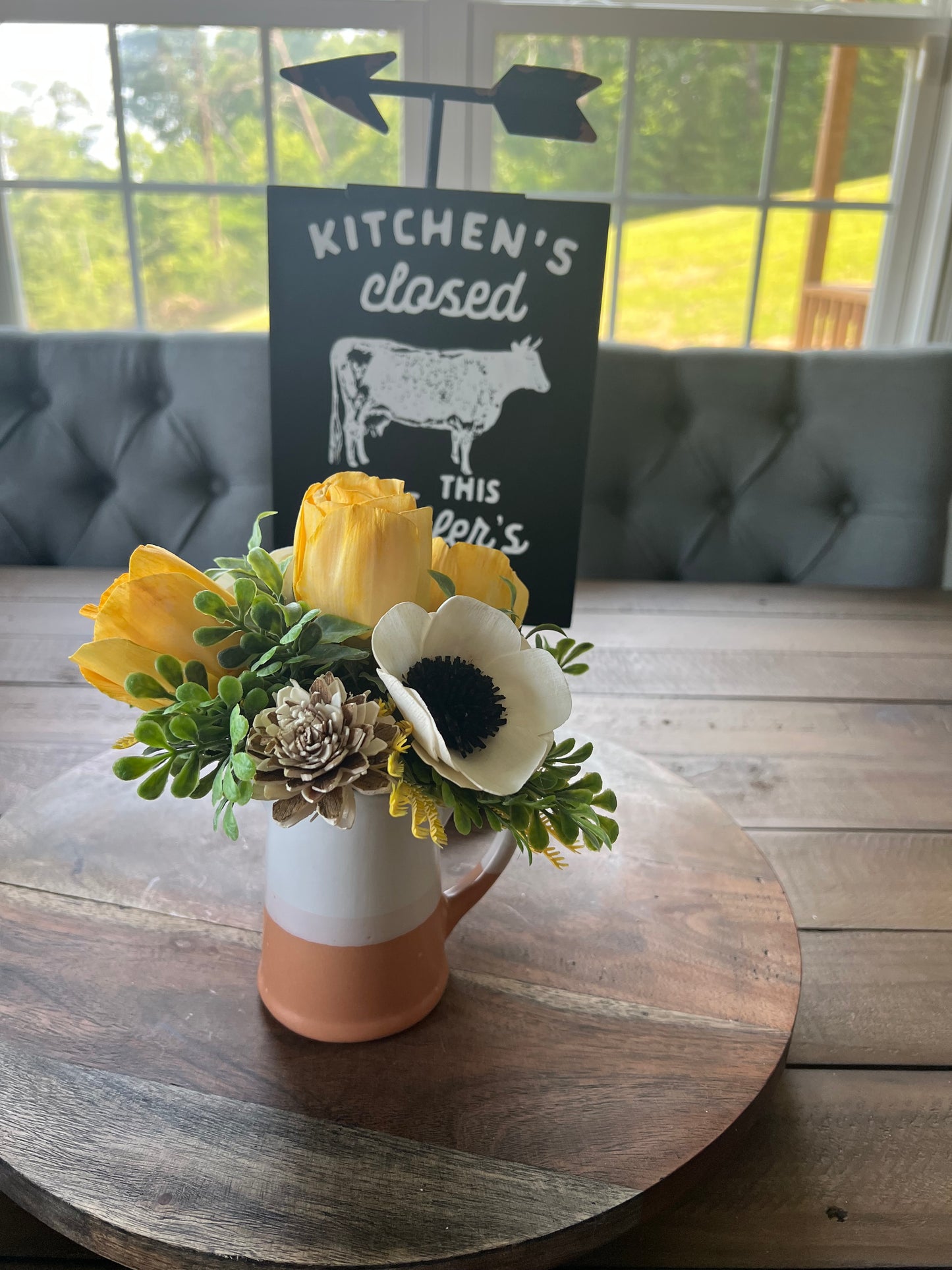 Mini White and Terra Cotta Pitcher with yellow wood flowers