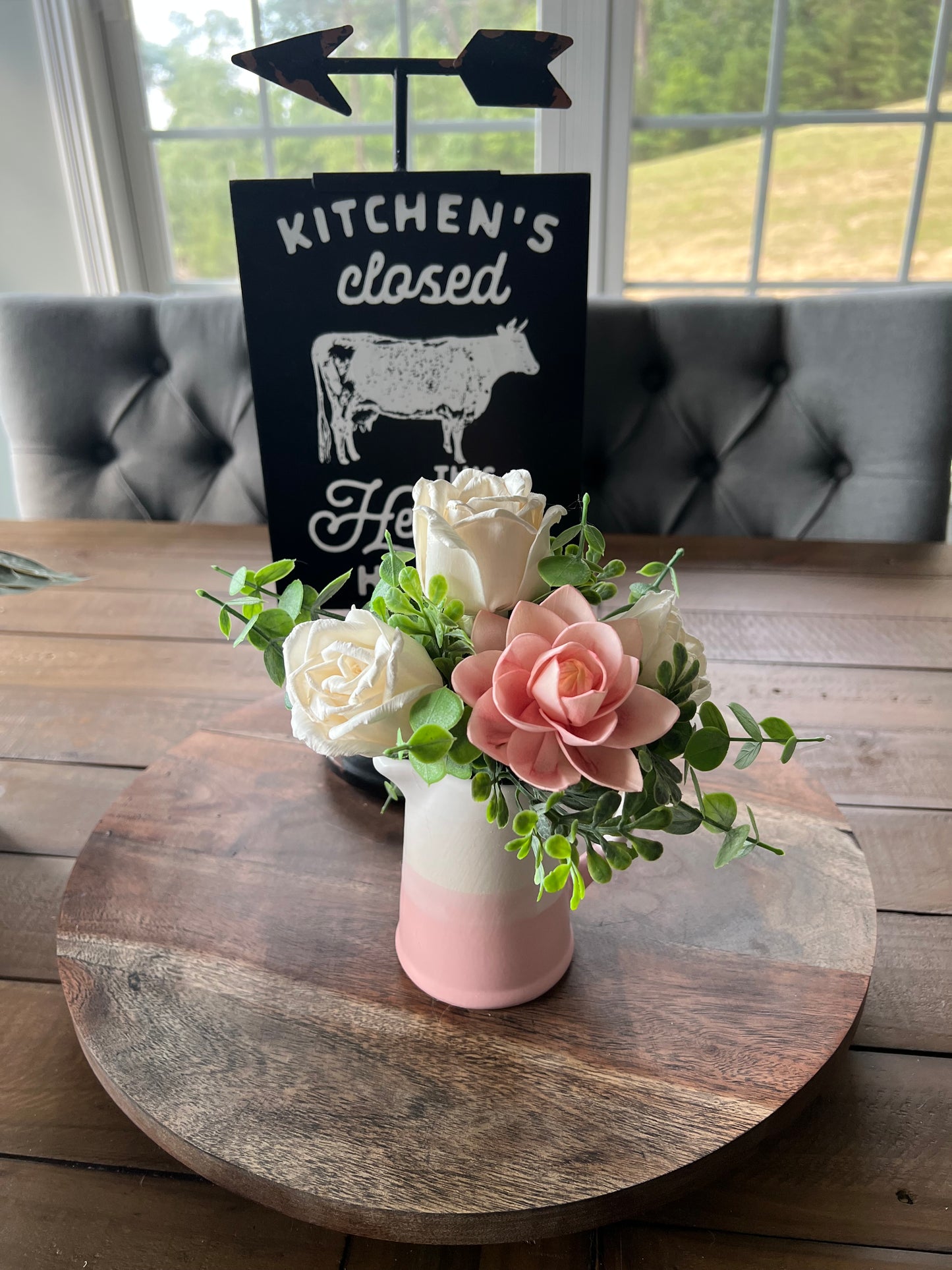 Mini Pink and white Pitcher with pink and white flowers