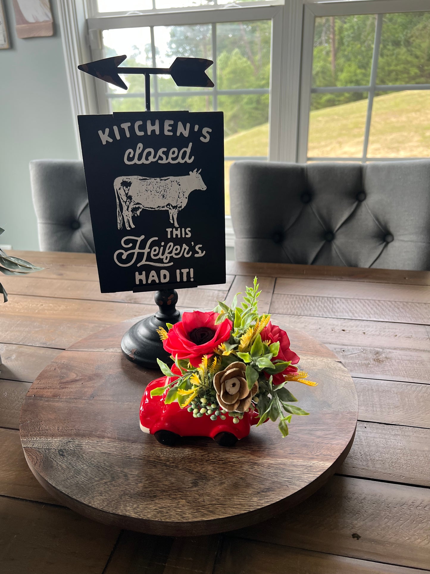 Red truck with Red and White wood flowers