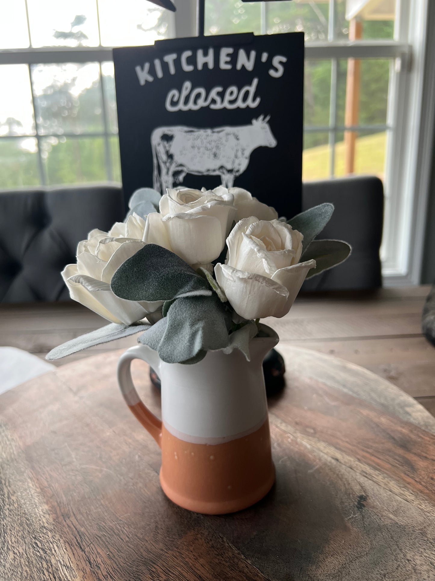 Mini White and Orange Pitcher with wood flowers