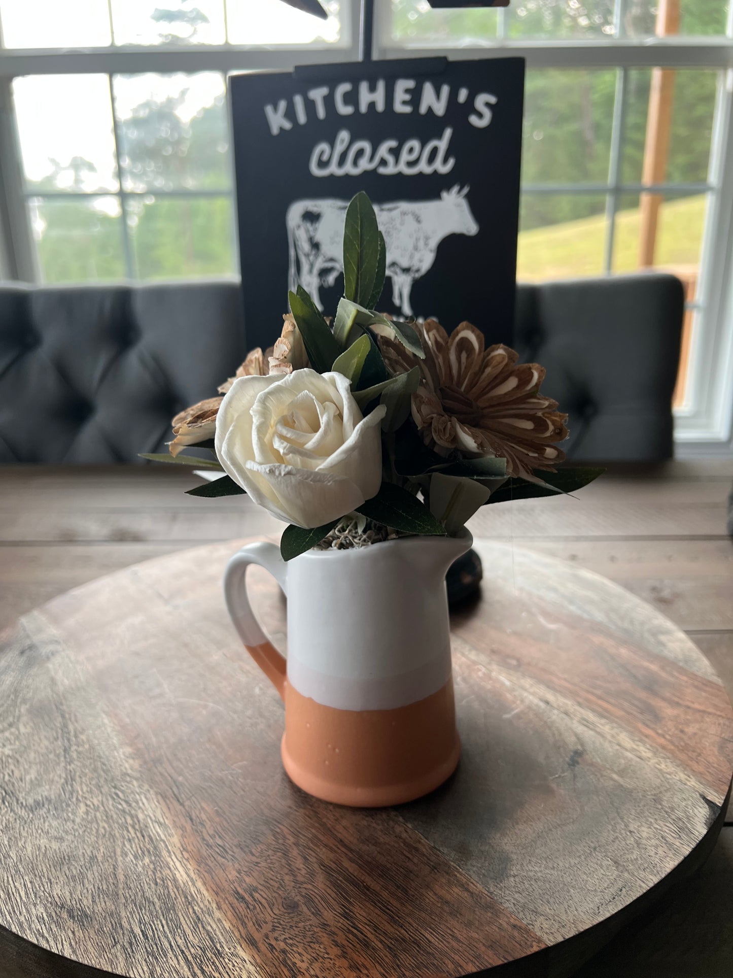 Mini White and Orange Pitcher White and Natural wood flowers