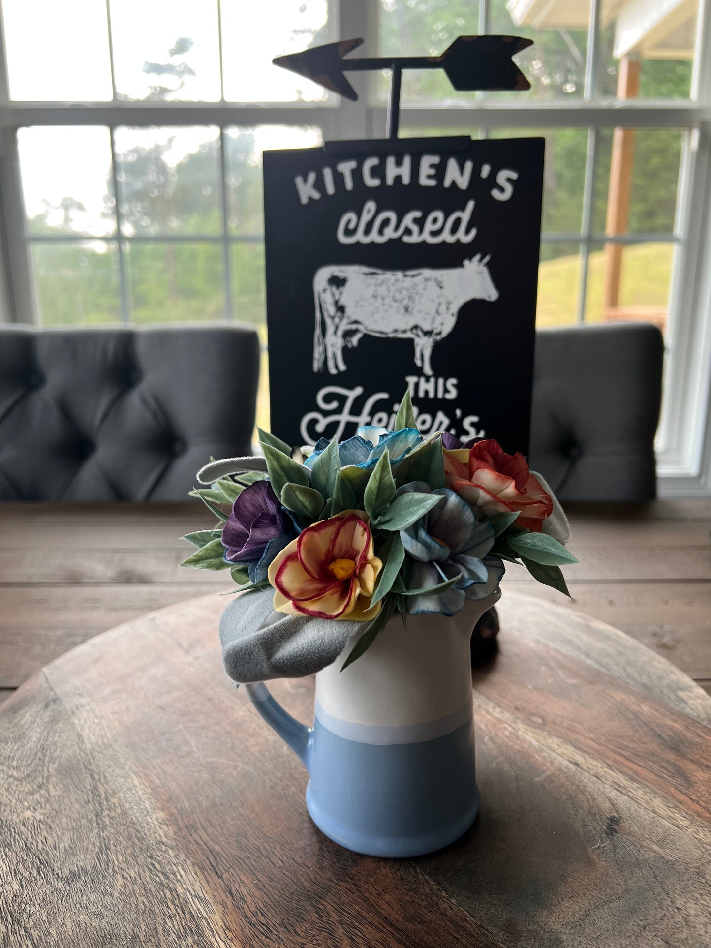 Mini White and Blue Pitcher wood flowers
