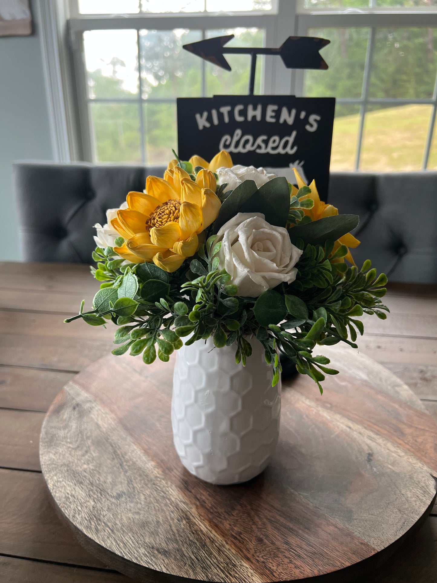 YELLOW VASE WITH YELLOW SUNFLOWER AND WHITE ROSES