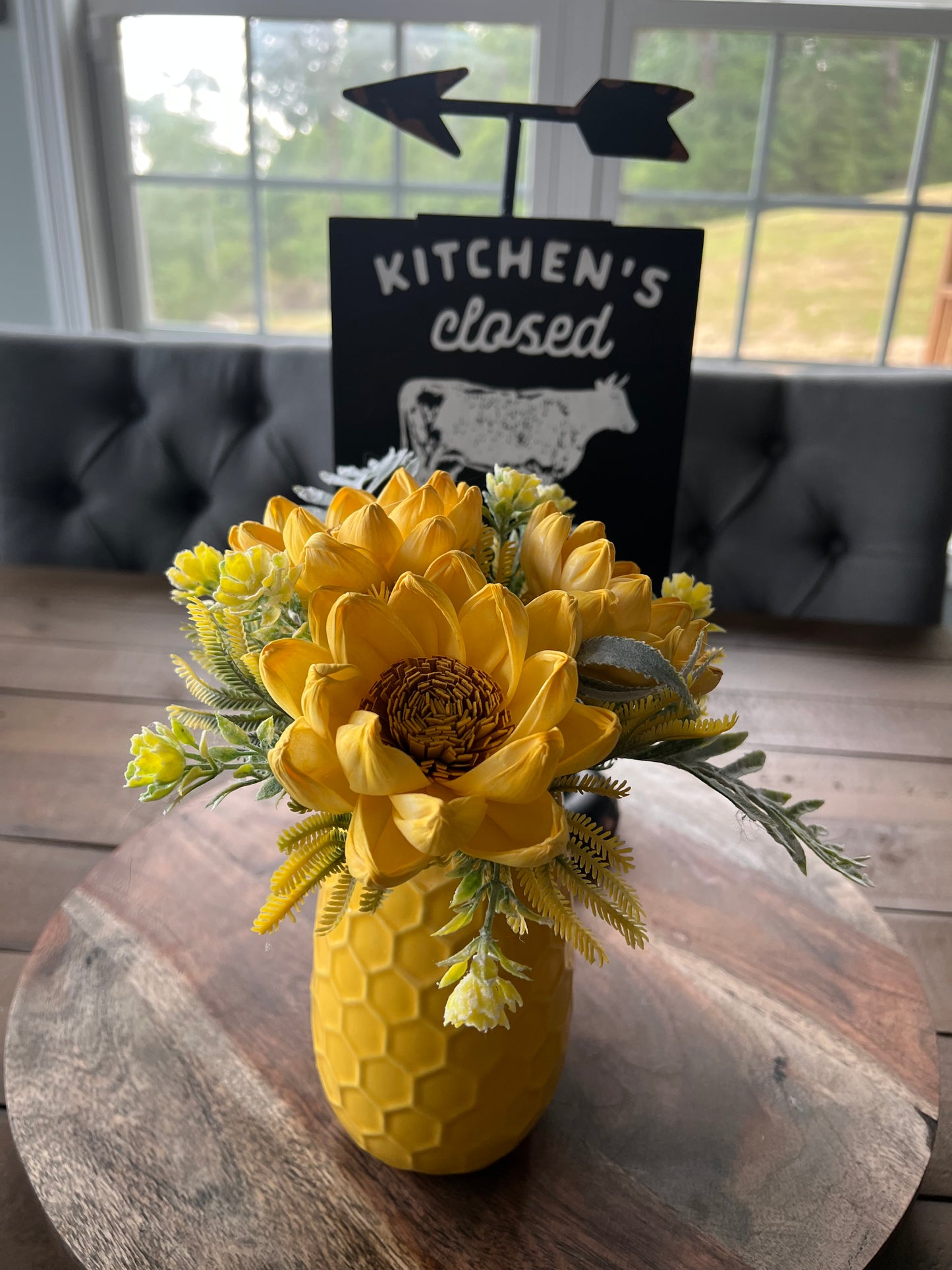 YELLOW VASE WITH SUNFLOWERS ARRANGEMENT