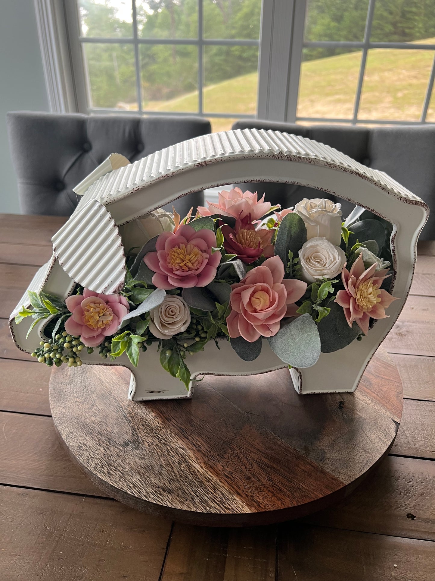 PIGGY IN A WHITE GALVANIZED TIN