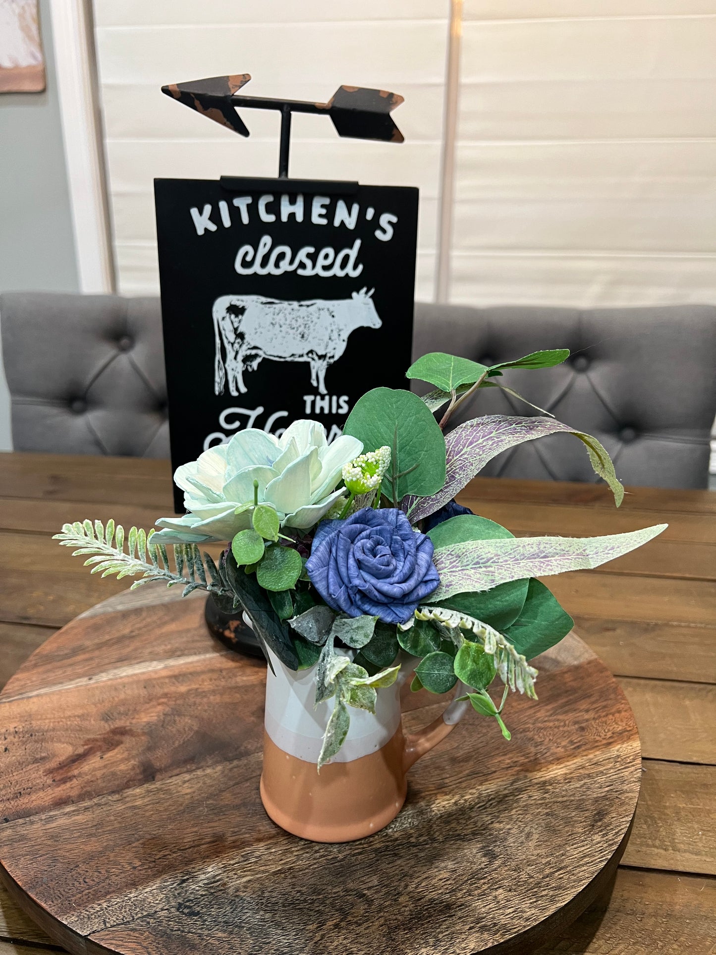 Mini White and Orange Pitcher Blue and Aqua wood flowers