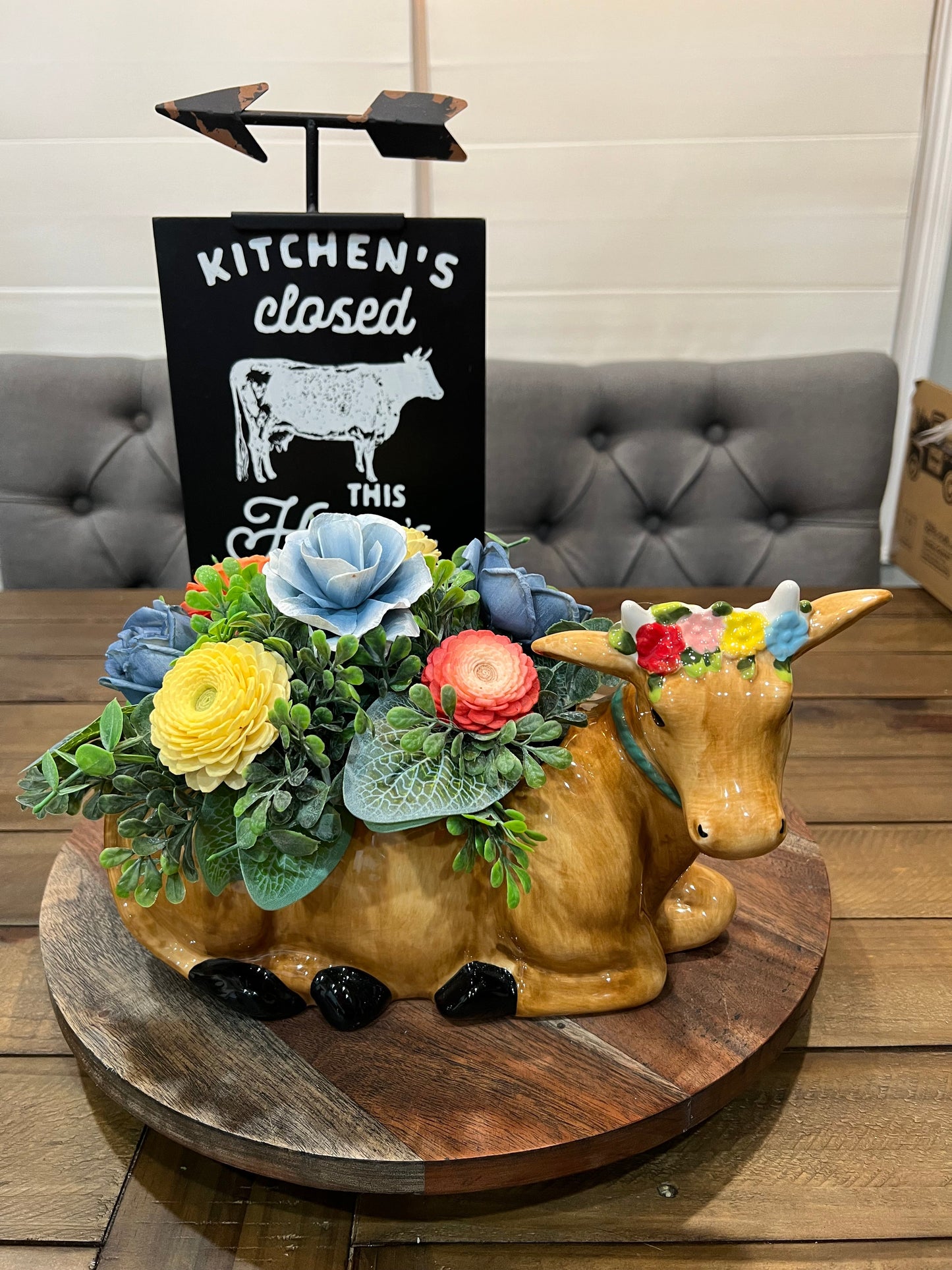 COW WITH PINK,BLUE ,ORANGE,YELLOW AND RED WOOD FLOWERS (Copy)