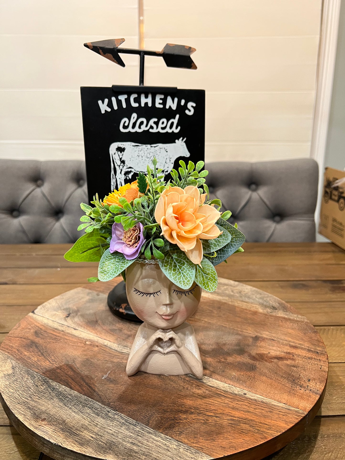 Little Head with Peach and purple flowers