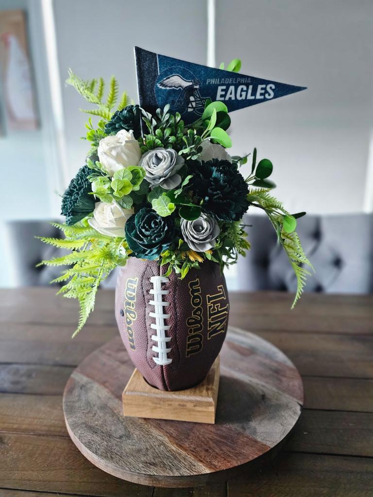 Eagles Football arrangement on a wood stand
