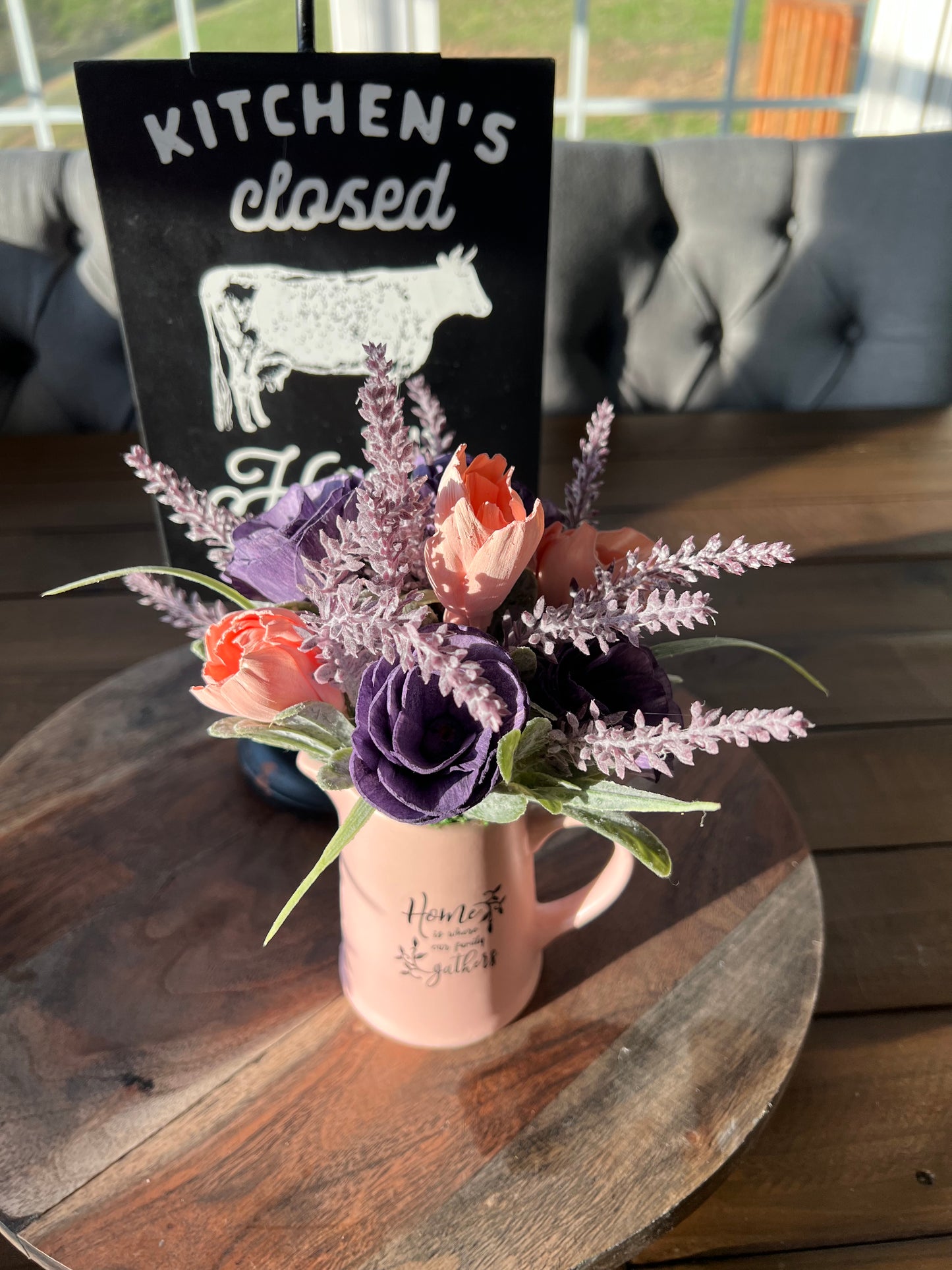 Mini Pink Pitcher with pink and purple tulip flowers