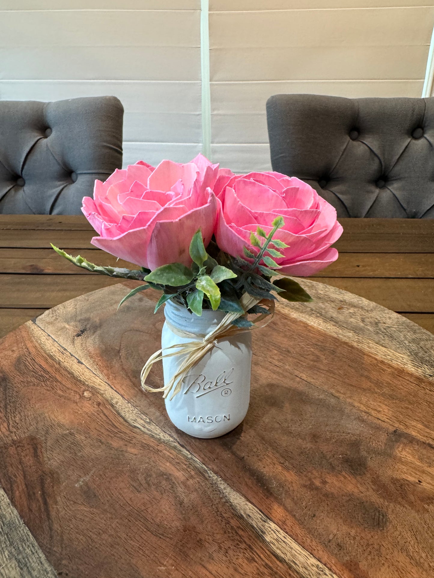 Mini White Ball Jar with Pink wood flowers