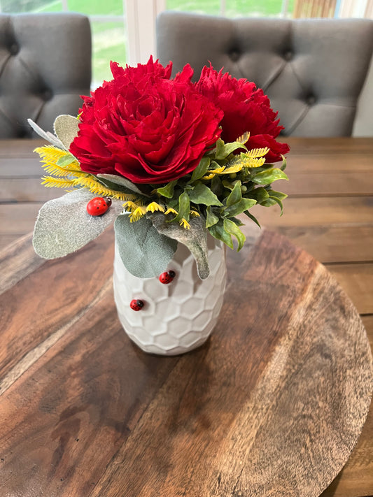 WHITE  VASE WITH RED ROSES ARRANGEMENT