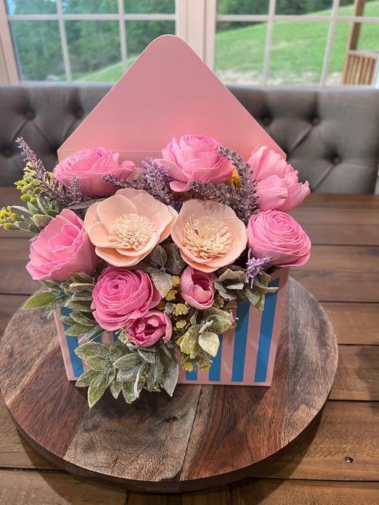 ENVELOPE WITH PINK AND PEACH WOOD  FLOWERS