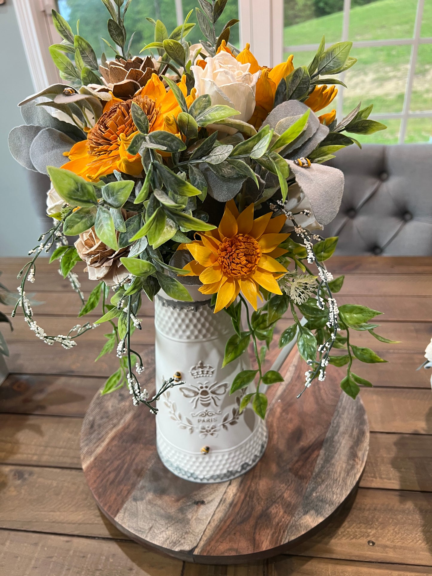 TALL PITCHER WITH SUNFLOWERS AND WHITE ROSES