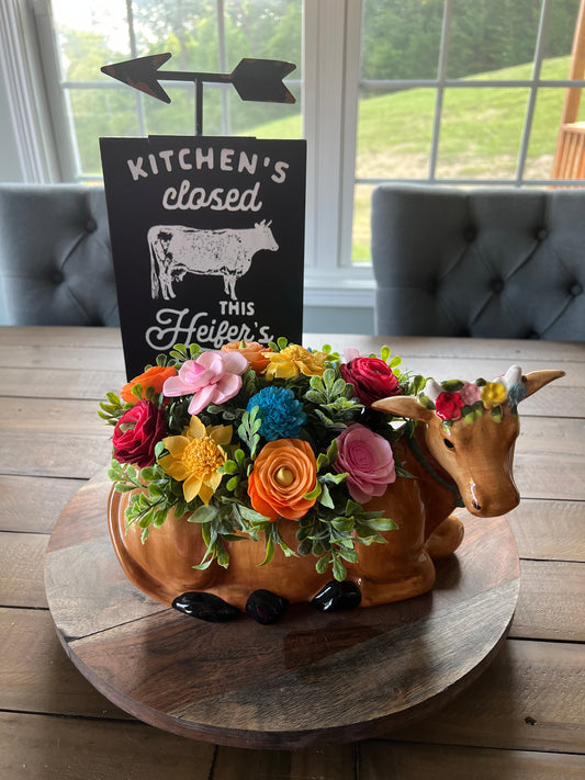 COW WITH PINK,BLUE ,ORANGE,YELLOW AND RED WOOD  FLOWERS