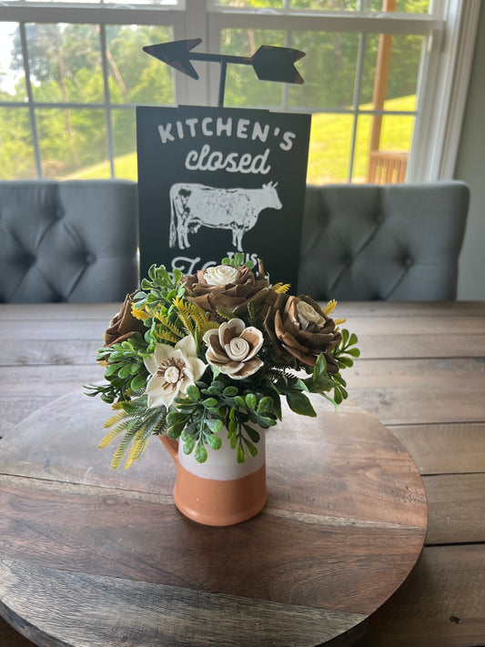 Mini White and Terra Cotta Pitcher with natural wood flowers