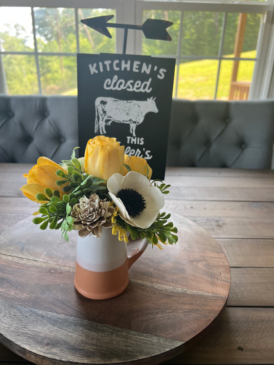 Mini White and Terra Cotta Pitcher with yellow wood flowers