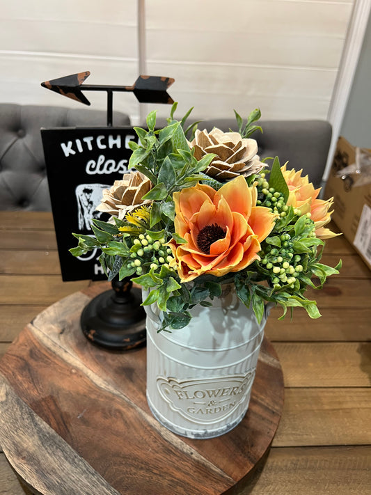 TALL CAN WITH YELLOW AND WOOD FLOWERS