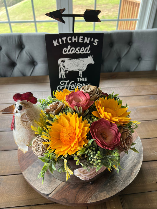 Chicken with Yellow Sunflowers and Red wood flowers