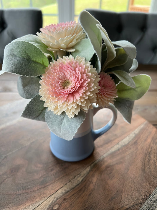 Mini White and Blue Pitcher with wood flowers