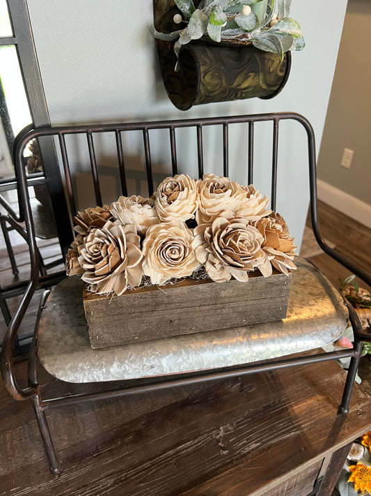 RUSTIC WOOD BOX WITH WOOD FLOWERS