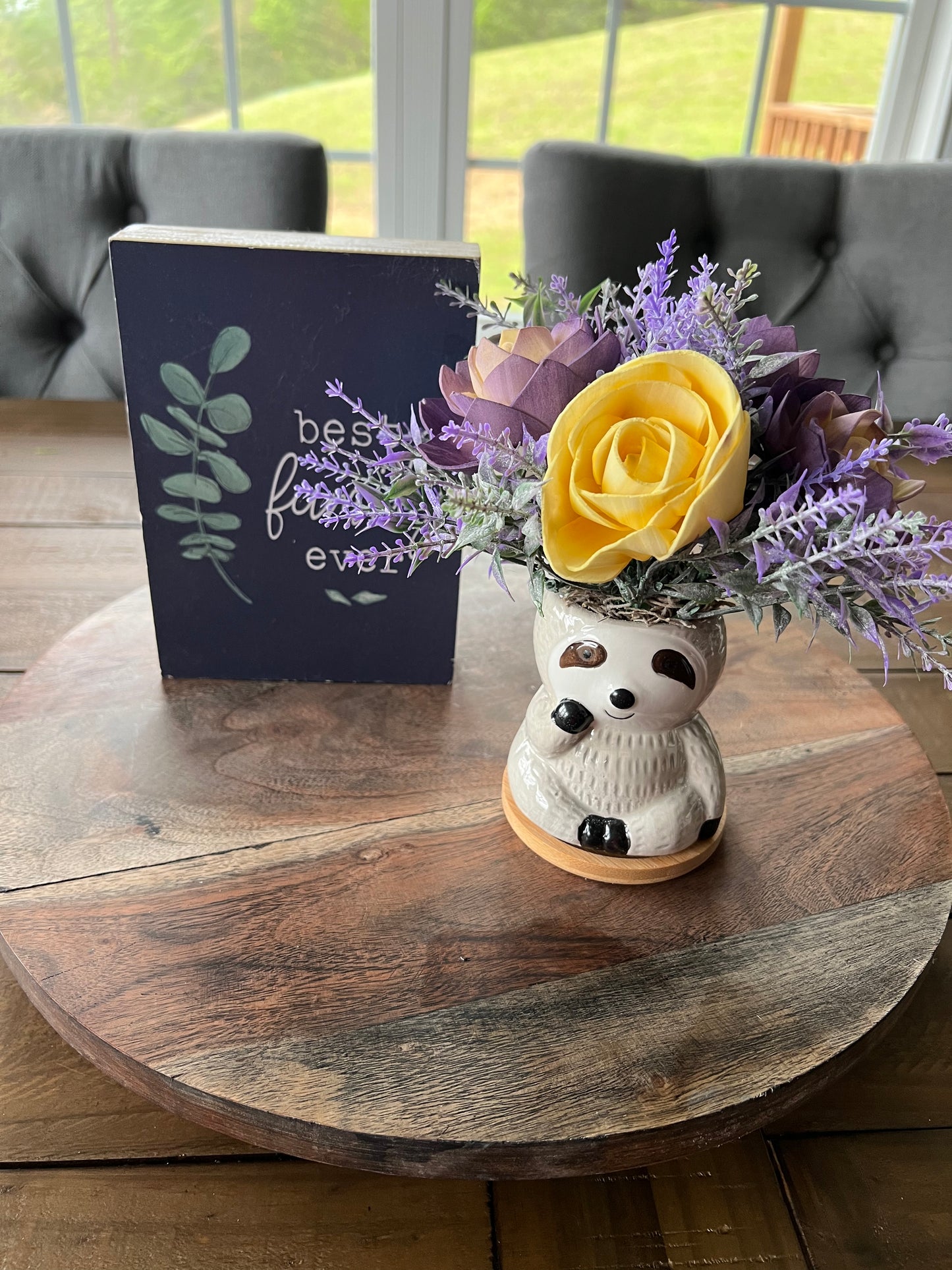 Cream Sloth with Purple and yellow flowers