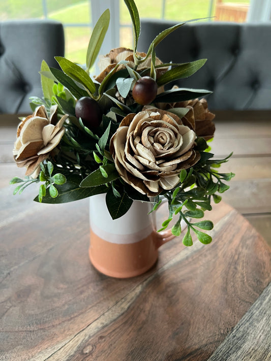 Mini White and Terra Cotta Pitcher with wood flowers