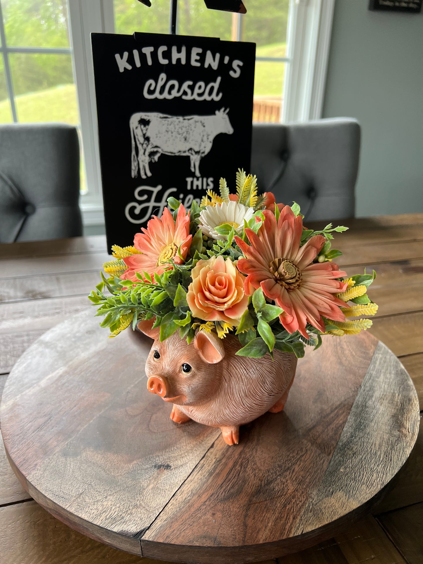 Piggy with Peach and Yellow wood flowers