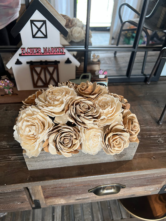 RUSTIC WOOD BOX WITH WOOD FLOWERS