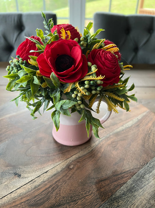 Mini Pink and white Pitcher with red flowers